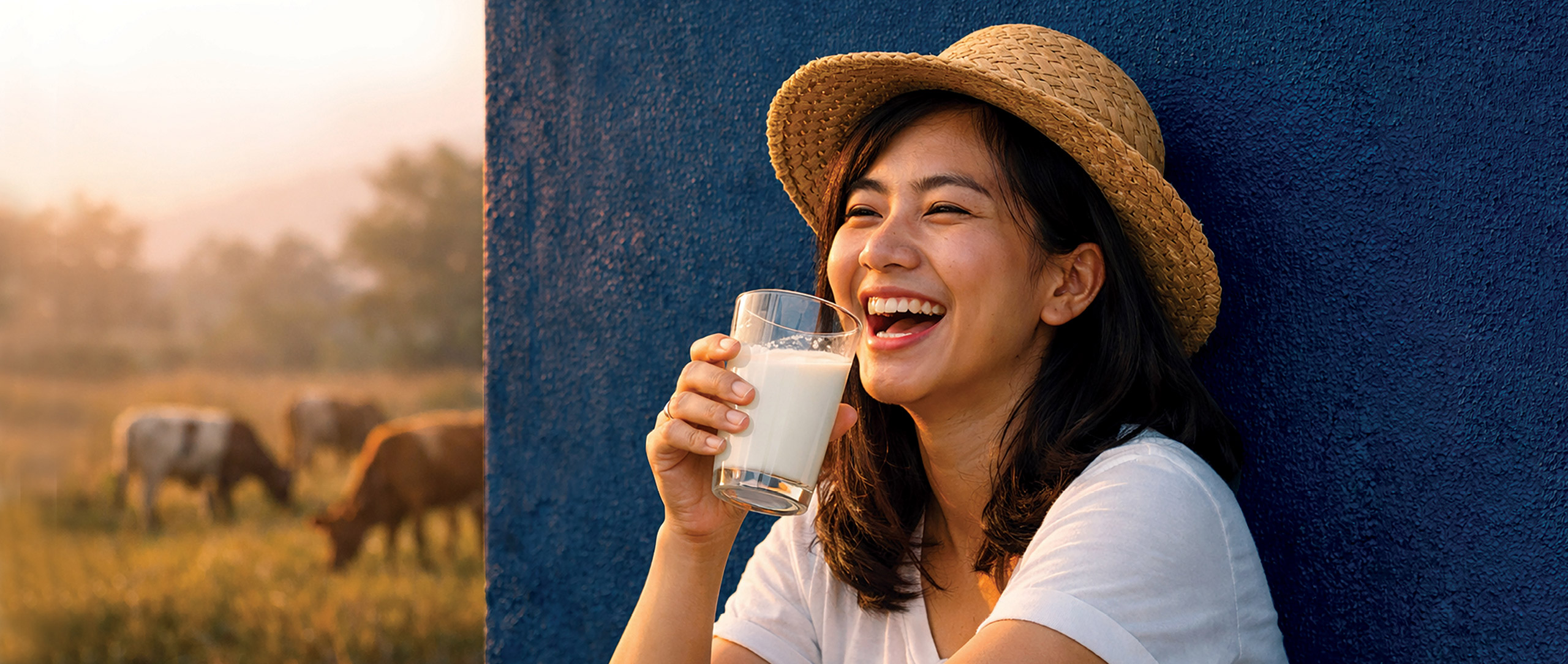 Woman with milk glass, cows in the background